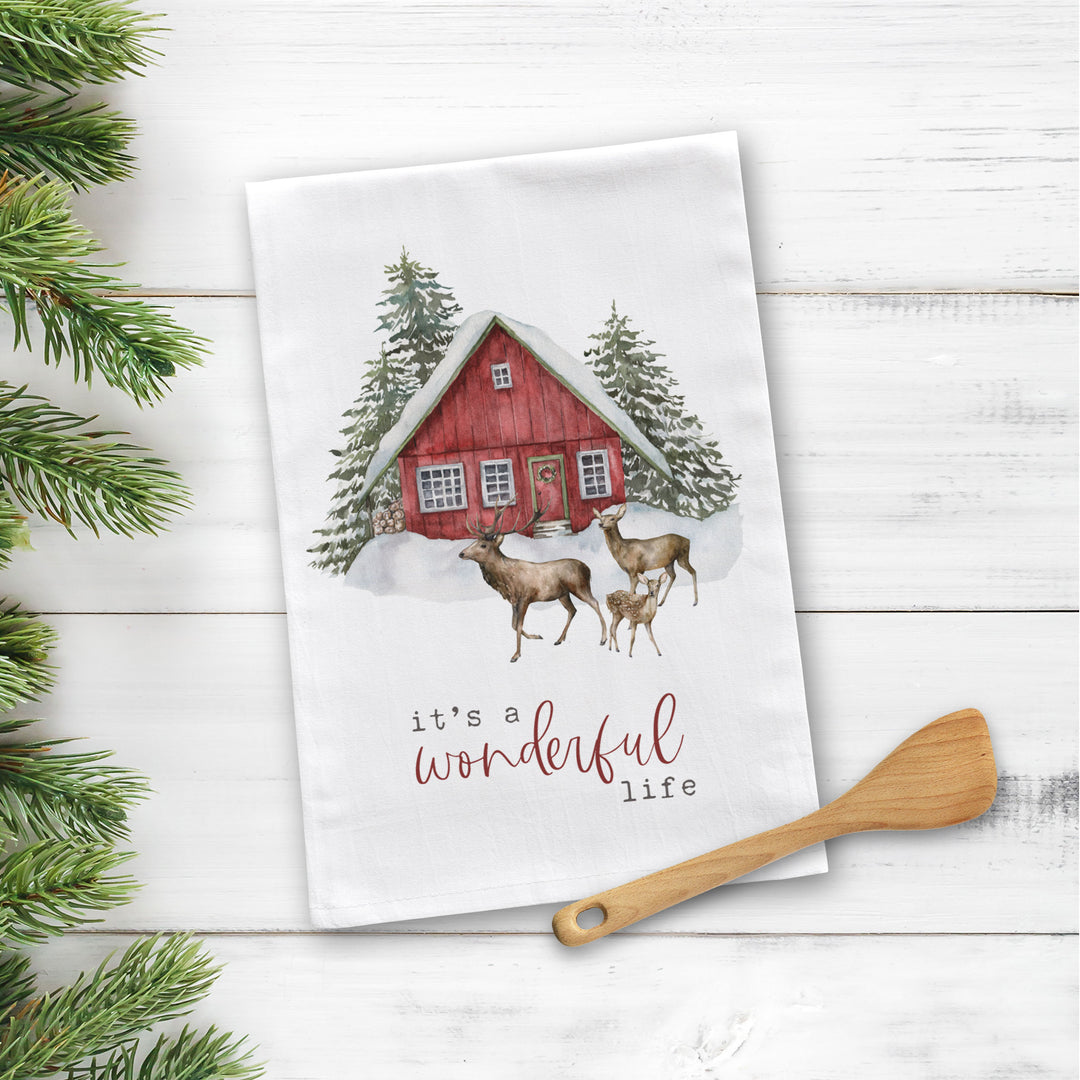 Simple pretty Christmas tea towel "it's a wonderful life" deer watercolor tea towel