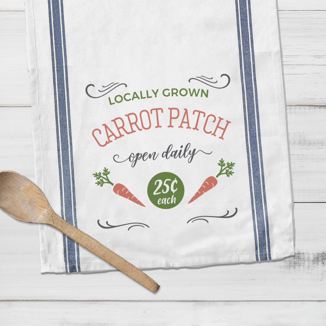 Carrot patch cotton tea towel | easter kitchen dish towel | locally grown easter striped decorative spring tea towel gift