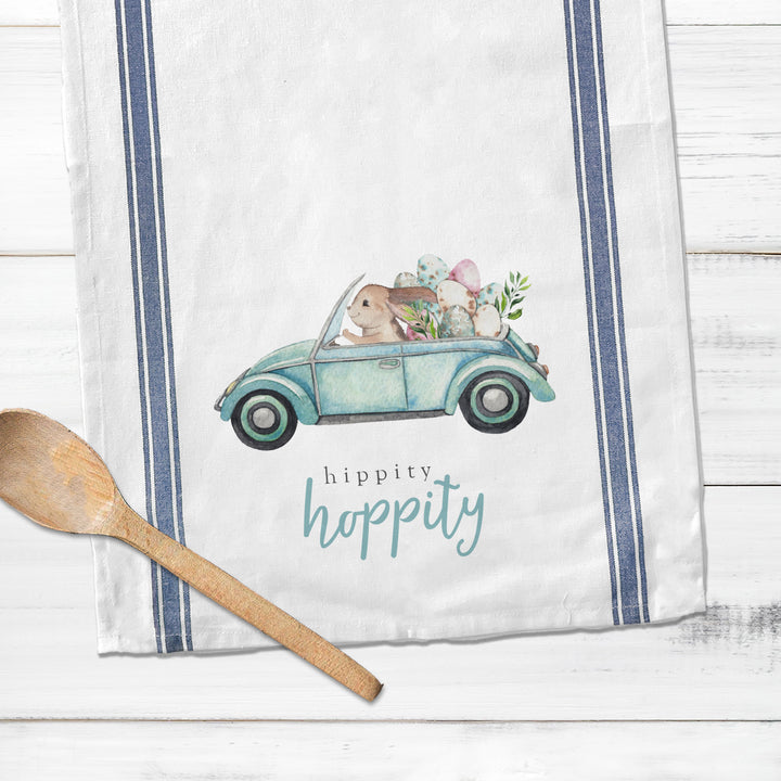 Easter cotton tea towel | hippity hoppity easter kitchen dish towel | decorative easter striped decorative spring tea towel