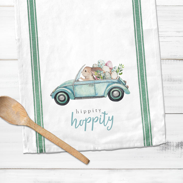 Easter cotton tea towel | hippity hoppity easter kitchen dish towel | decorative easter striped decorative spring tea towel