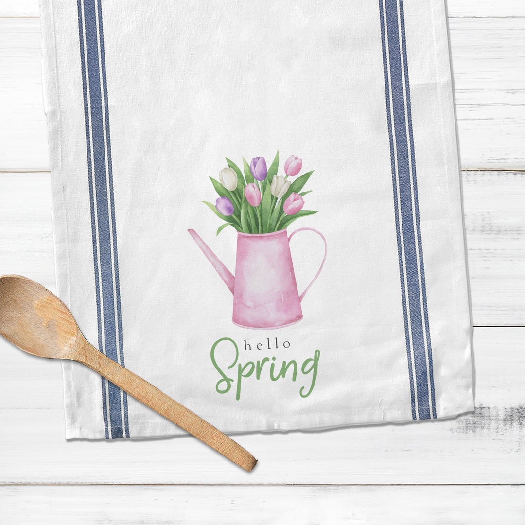 Spring cotton tea towel | hello spring easter kitchen dish towel | decorative easter striped decorative spring tea towel