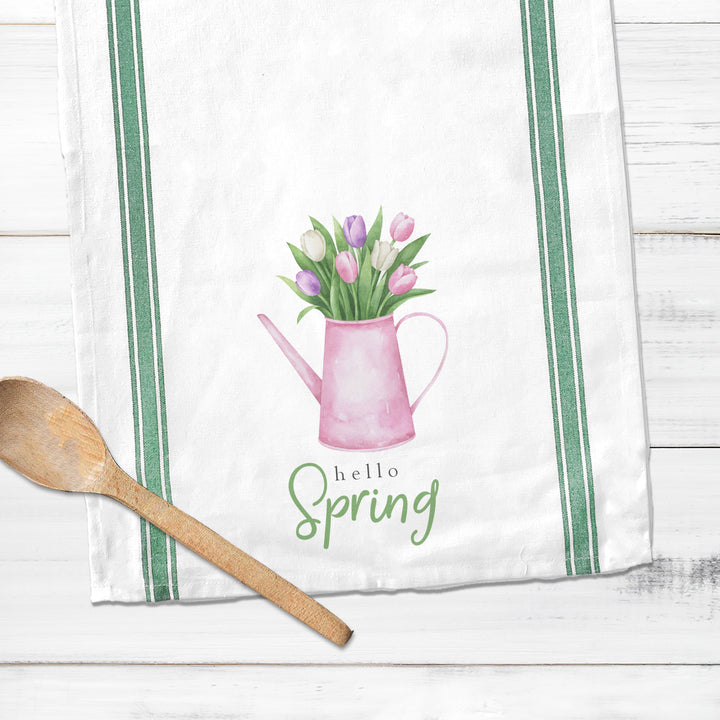 Spring cotton tea towel | hello spring easter kitchen dish towel | decorative easter striped decorative spring tea towel