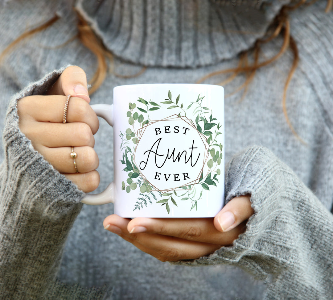 Best aunt ever coffee tea mug | green leafy wreath coffee mug | birthday or mother's day tea coffee mug drinkware gift