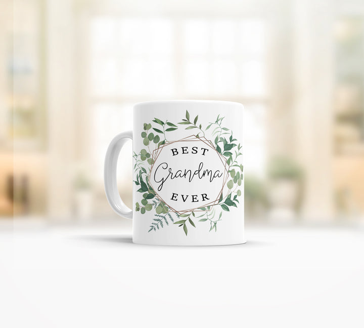 Best grandma ever coffee tea mug | green leafy wreath coffee mug | birthday or mother's day tea coffee mug drinkware gift for grandma