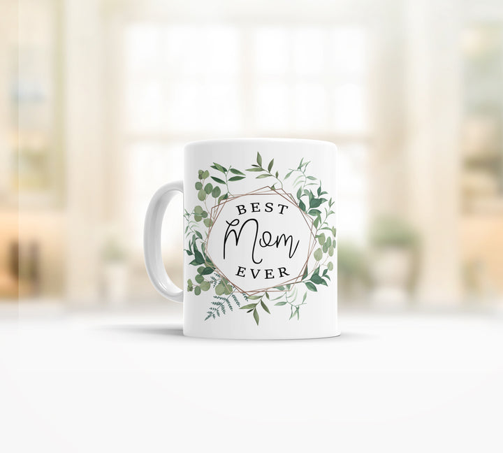 Best mom ever coffee tea mug | green leafy wreath coffee mug | birthday or mother's day tea coffee mug drinkware gift for mom