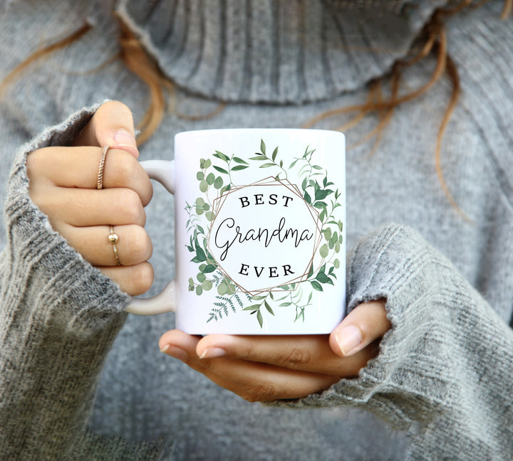 Best grandma ever coffee tea mug | green leafy wreath coffee mug | birthday or mother's day tea coffee mug drinkware gift for grandma