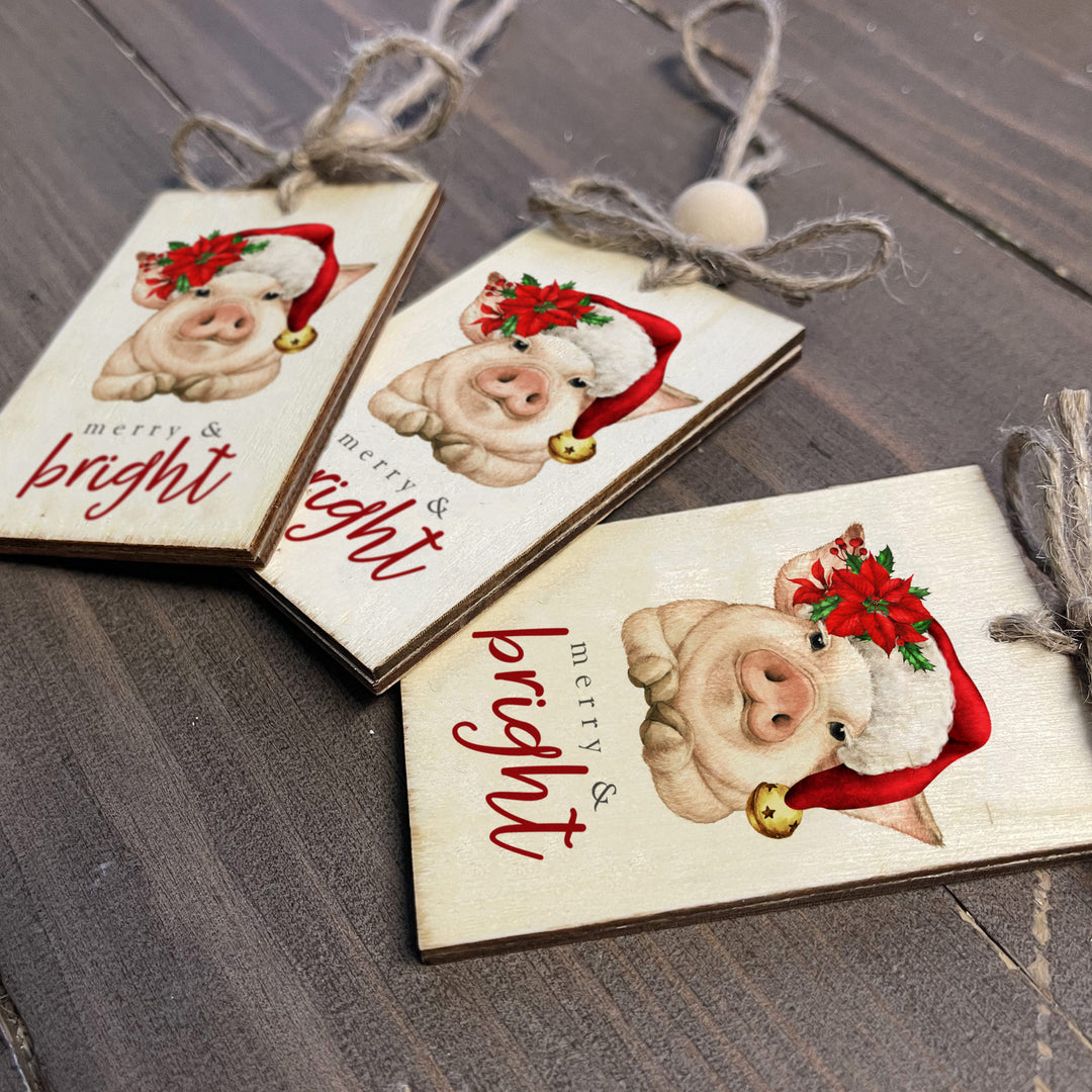 Rustic Farmhouse Pig Christmas Ornament Cute wood rectangle pig christmas ornament