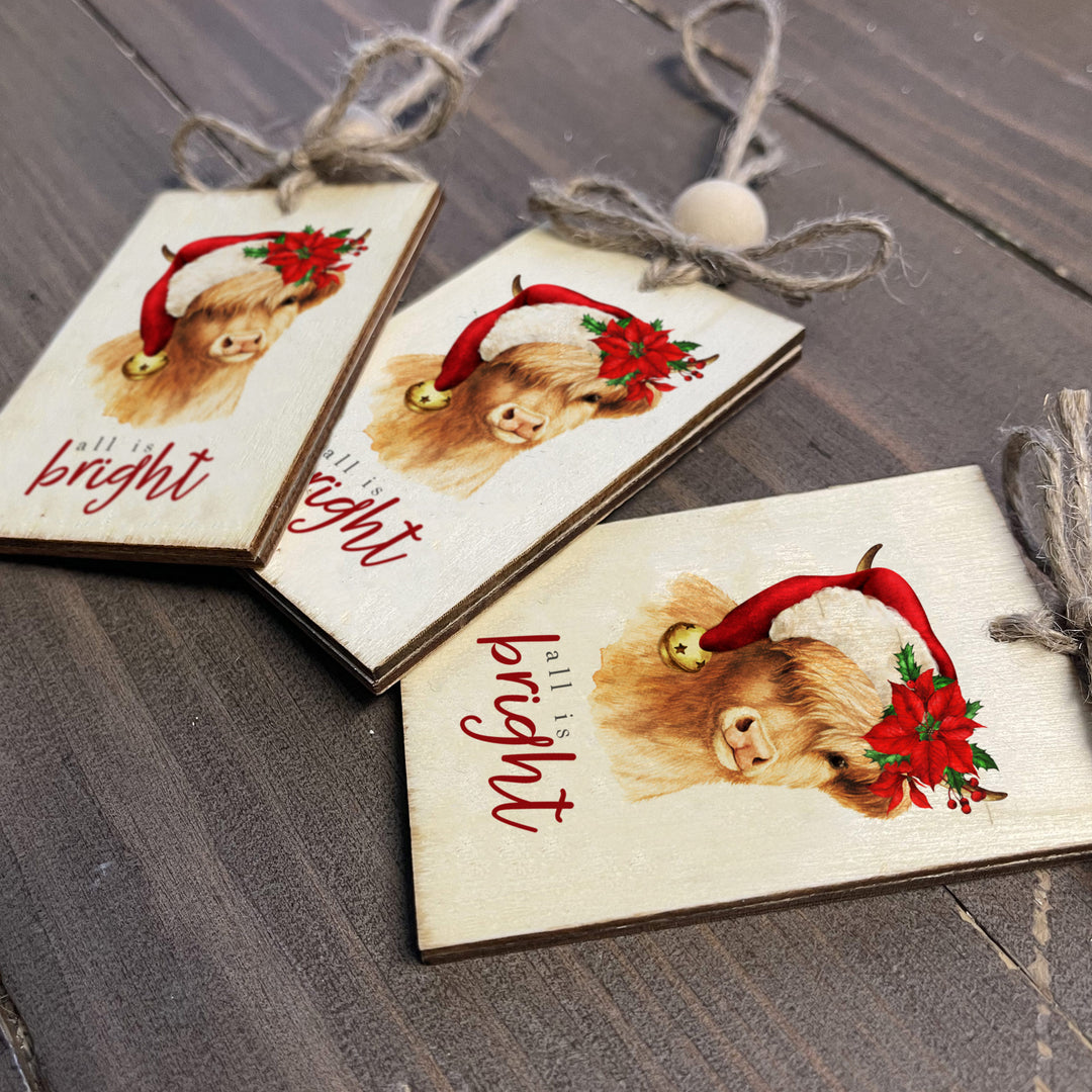 Farmhouse Highland Cow Christmas Ornament Cute wood rectangle rustic cow christmas ornament