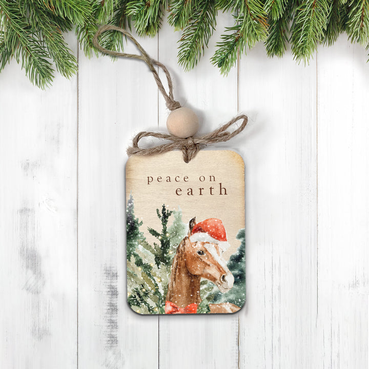 Adorable Rustic Peace on Earth Horse Christmas Snow Wood Ornament