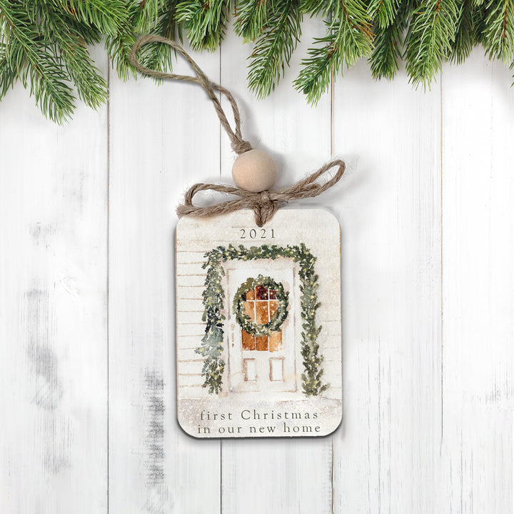 First Christmas in our new home rustic wood Christmas ornament front door