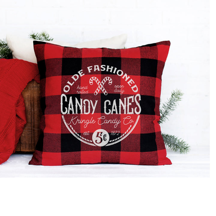 Large 20 x 20 red/black buffalo plaid "Olde Fashioned Candy Canes" throw pillow cover