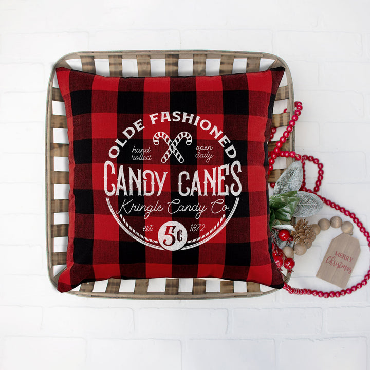 Large 20 x 20 red/black buffalo plaid "Olde Fashioned Candy Canes" throw pillow cover