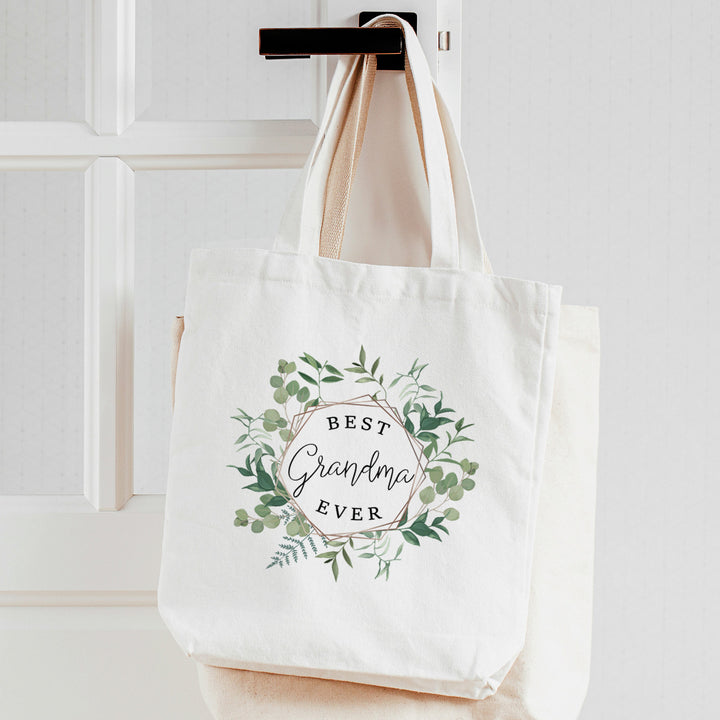 Grandma tote bag | Best Grandma Ever linen textured tote | greenery wreath perfect for mothers day or birthday gift